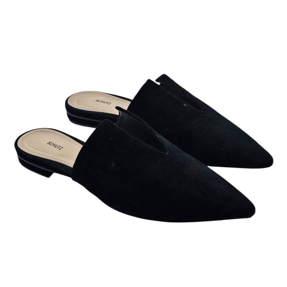 Schutz Anthropologie Black Suede Leather Kirsten Pointed Toe Mule Slides